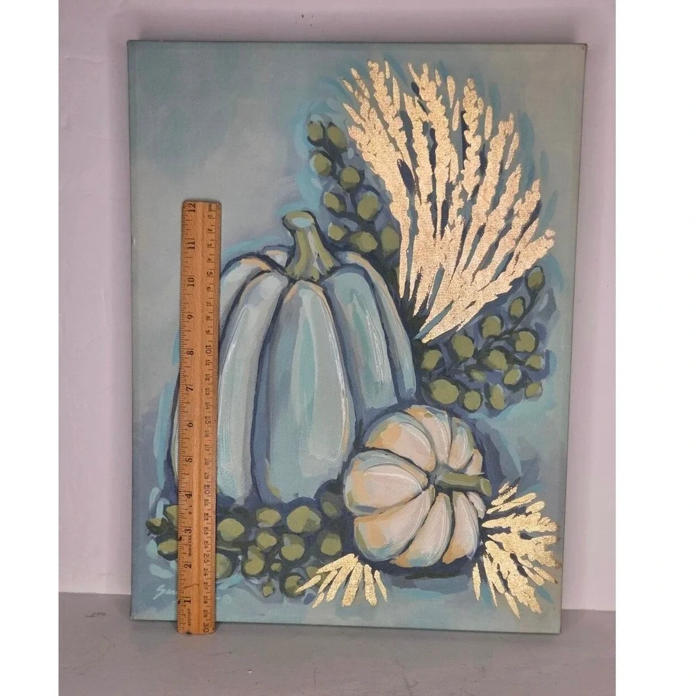 Fall Blue Pumpkin Painted Canvas Wall Art‎ Shabby Chic Signed Sara Baker